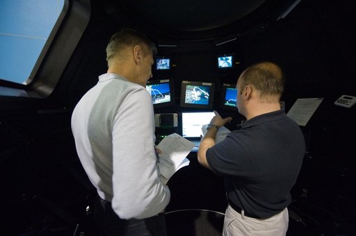 STS-132 crew during their PDRS N-TSK MRM training in the building 16 cupola trainer.