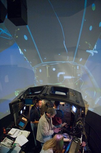 STS-132 crew during their PDRS N-TSK MRM training in the building 16 cupola trainer.