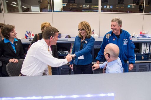 Date: 03-27-15.Location: Bldg 30 South, FCR-1.Subject: Former Arizona Congresswoman Gabby Giffords with Astronaut Mike Fossum and JSC Center Director Ellen Ochoa.Photographer: James Blair /  NASA