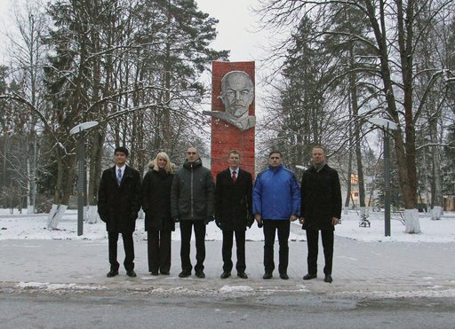 At the Gagarin Cosmonaut Training Center in Star City, Russia, the prime and backup Expedition 46-47 crewmembers pose for pictures Nov. 30 in front of the statue of Vladimir Lenin before departing for their launch site at the Baikonur Cosmodrome in Kazakhstan. From left to right are backup crewmembe