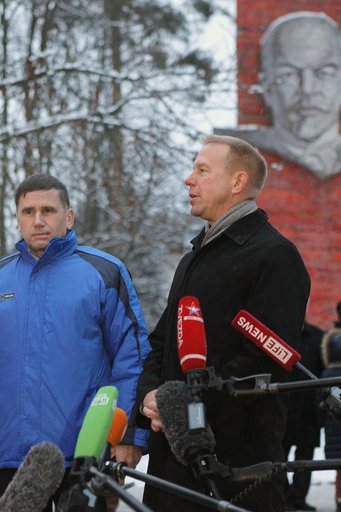 At the Gagarin Cosmonaut Training Center in Star City, Russia, Expedition 46-47 crewmember Tim Kopra of NASA (right) answers a reporter���s question Nov. 30 before departing for his launch site at the Baikonur Cosmodrome in Kazakhstan. Looking on is crewmate Yuri Malenchenko of the Russian Federal S