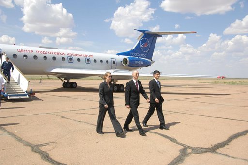 ISS Expedition 48-49 prime crewmembers Kate Rubins of NASA (left), Anatoly Ivanishin of Roscosmos (center) and Takuya Onishi of the Japan Aerospace Exploration Agency (right) arrive in Baikonur, Kazakhstan June 24 for final pre-launch training after flying from Star City, Russia. The trio will launc