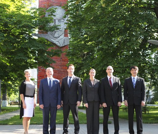 At the Gagarin Cosmonaut Training Center in Star City, Russia, the ISS Expedition 48-49 prime and backup crewmembers pose for pictures in front of the statue of Vladimir Lenin June 24 as they departed for their launch site at the Baikonur Cosmodrome in Kazakhstan. From left to right are backup crewm