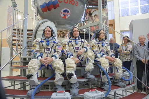 jsc2017e135204 - At the Gagarin Cosmonaut Training Center in Star City, Russia, Expedition 54-55 prime crewmembers Scott Tingle of NASA (left) Anton Shkaplerov of the Russian Federal Space Agency (Roscosmos, center) and Norishige Kanai of the Japan Aerosp