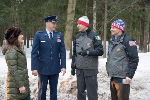 At the Gagarin Cosmonaut Training Center in Star City, Russia, Expedition 59 prime crewmembers Christina Koch of NASA (left), Nick Hague of NASA (second from left), and backup crewmembers Luca Parmitano of the European Space Agency (second from right) and