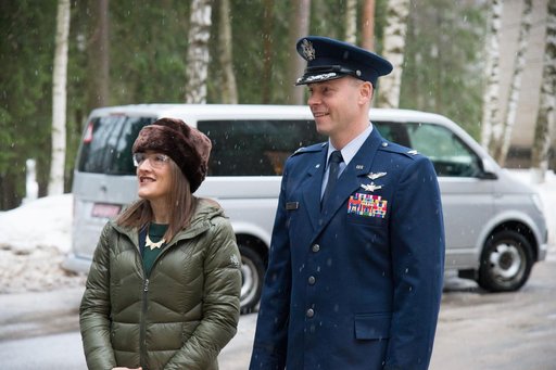 At the Gagarin Cosmonaut Training Center in Star City, Russia, Expedition 59 crewmembers Christina Koch of NASA (left) and Nick Hague of NASA (right) share a moment Feb. 26 before departing for their launch site at the Baikonur Cosmodrome in Kazakhstan fo