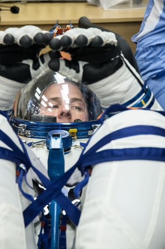 jsc2019e009950 - At the Baikonur Cosmodrome in Kazakhstan, Expedition 59 crewmember Nick Hague of NASA undergoes a Sokol launch suit pressure check Feb. 27 during pre-launch training. Hague, Christina Koch of NASA and Alexey Ovchinin of Roscosmos will lau