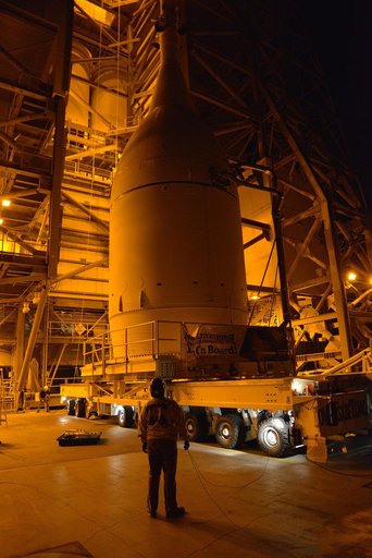 Transporter Moves Orion Into Place