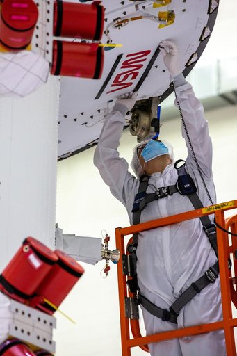 NASA and ESA logo installation on Artemis I spacecraft