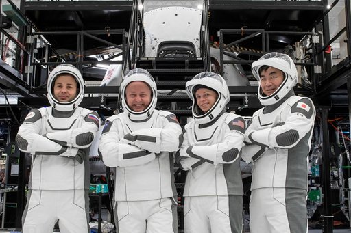 The crew of NASA’s SpaceX Crew-11 mission pose for a photo during a training session