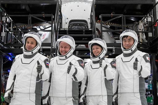 The crew of NASA’s SpaceX Crew-11 mission pose for a photo during a training session