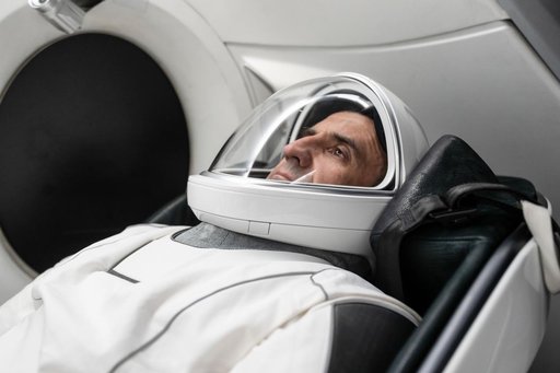 Roscosmos cosmonaut Sergey Teteryatnikov is seated inside a mockup Dragon spacecraft