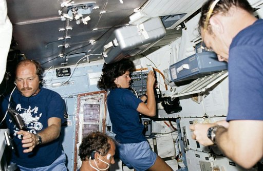 STS-7 crewmembers during meal preparation on middeck