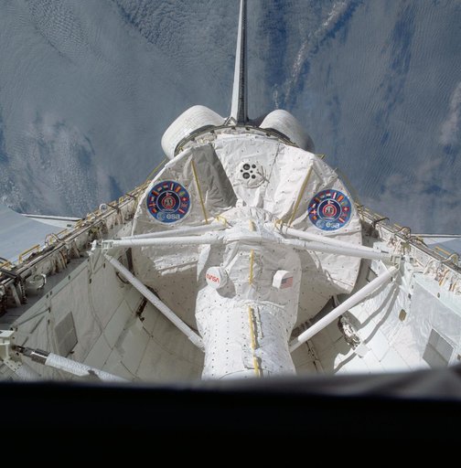 View of the Spacelab module in the payload bay of the Columbia during STS-9