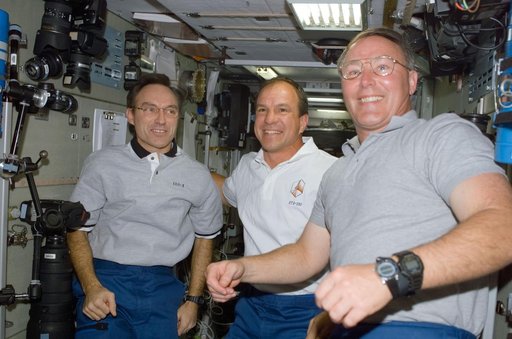 Walz, Bloomfield and Ross congregate in Zvezda during STS-110's visit to the ISS