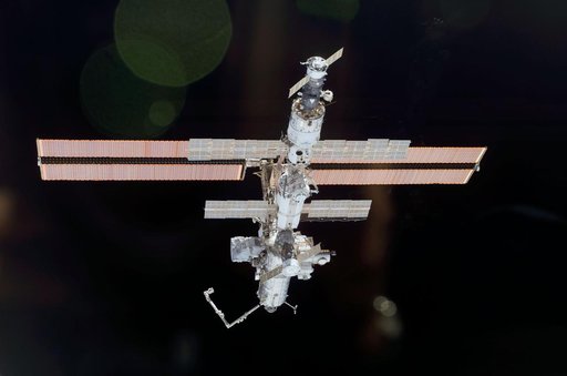 Aft view of the ISS taken during STS-110's undocking and final flyaround