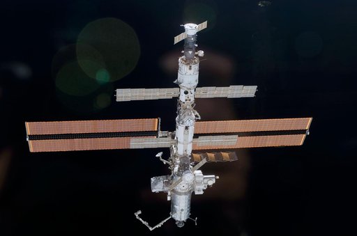 Aft view of the ISS taken during STS-110's undocking and final flyaround