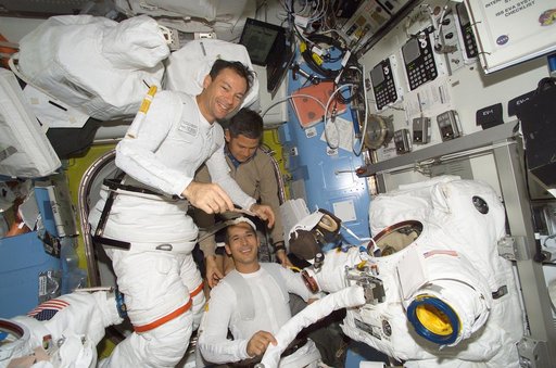 Lockhart, Herrington, and Lopez-Alegria in Quest during STS-114 EVA PREP