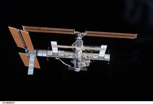 Overall exterior view of the ISS during undocking and Flyaround Operations for STS-115 Space Shuttle Atlantis