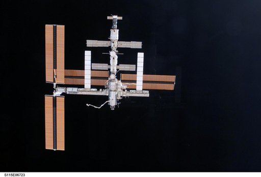 Overall exterior view of the ISS during undocking and Flyaround Operations for STS-115 Space Shuttle Atlantis
