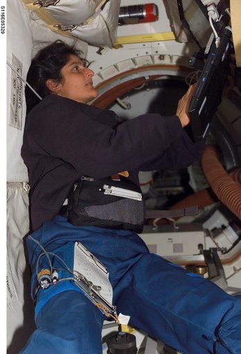 STS-116 MS Williams works on laptop computer in the MDDK on Space Shuttle Discovery