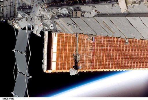 Forrester works at the P6 Truss during EVA 2 on STS-117 Mission