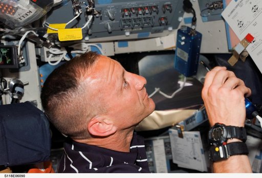 View of Hobaugh working in the FD during STS-118