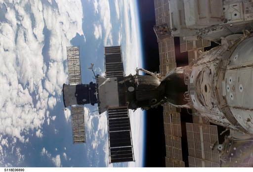 View of docked Soyuz and Progress Spacecraft taken during STS-118