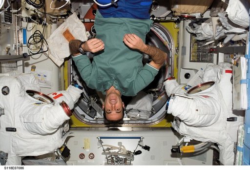 View of MS Mastracchio posing with two EMUs in the A/L during STS-118