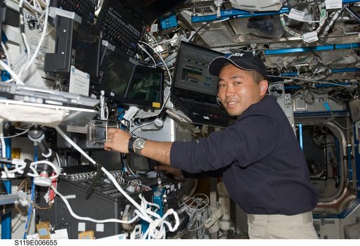 Wakata at Robotics Workstation (RWS) in support of STS-119 EVA 1