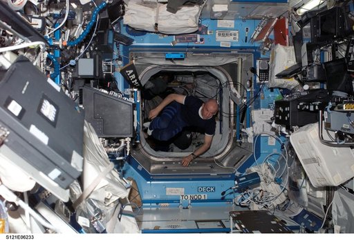 Williams in the U.S. Lab during STS-121 / Expedition 13 joint operations
