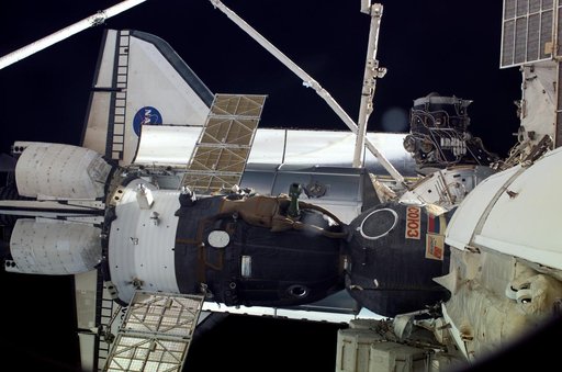 A Soyuz vehicle, the orbiter,MPLM and ISS as viewed form the DC during STS-121 / Expedition 13 joint operations