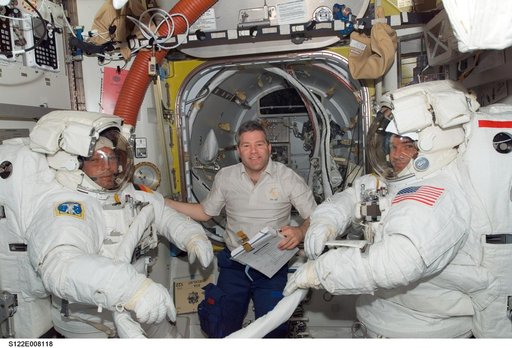 Schlegel, Frick and Walheim in the A/L prior to EVA 2