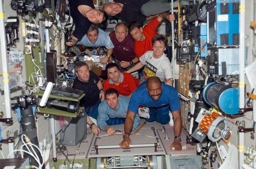 Crewmembers in SM during Expedition 16/STS-122 Joint Operations