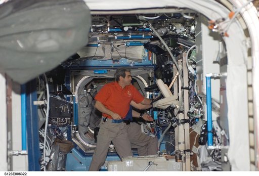 Eyharts works in the U.S. Laboratory during STS-123 / Expedition 16 Joint Operations