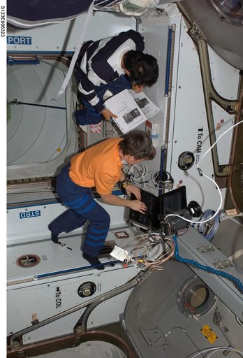 Whitson and Doi work in the Node 2 during STS-123 / Expedition 16 Joint Operations