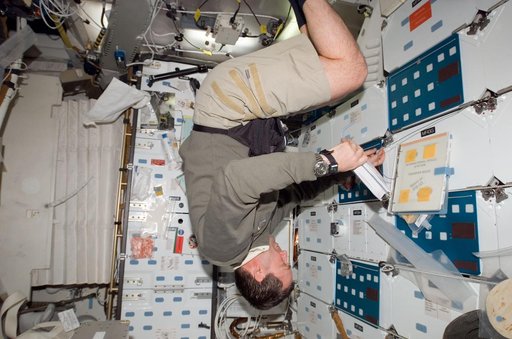 Foreman looks at crew procedures in the aft Middeck (MDDK) during STS-123 / Expedition 16 Joint Operations