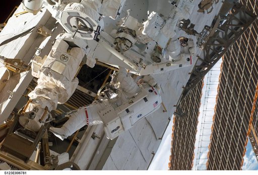 Linnehan and Foreman on EVA 2 - during Expedition 16 / STS-123 Joint Operations