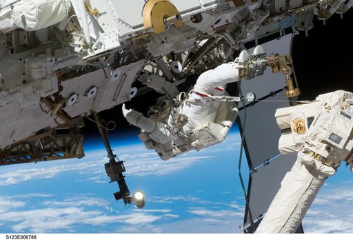 Linnehan and Foreman on EVA 2 - during Expedition 16 / STS-123 Joint Operations