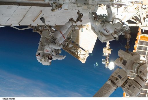 Linnehan and Foreman on EVA 2 - during Expedition 16 / STS-123 Joint Operations