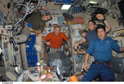 STS-123 and Expedition 16 crewmembers in the SM during Joint Operations
