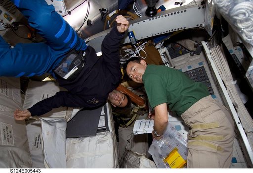 Chamitoff and Hoshide on middeck
