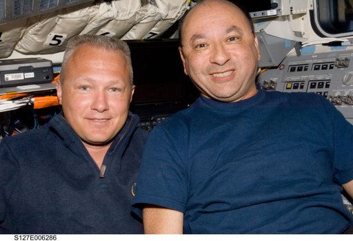 Hurley and Polansky in the aft FD on the Space Shuttle Endeavour during the STS-127 Mission