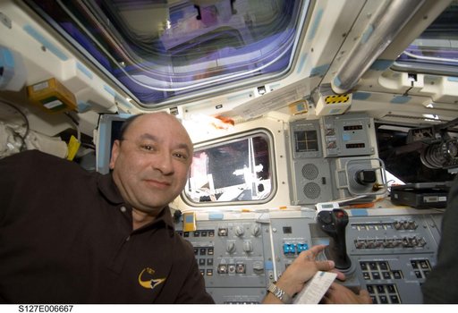 Polansky in the aft FD during docking activities of Space Shuttle Endeavour