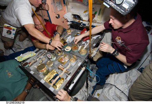 Expedition 21/STS-129 Crew Members enjoy a meal in the SM/Zvezda