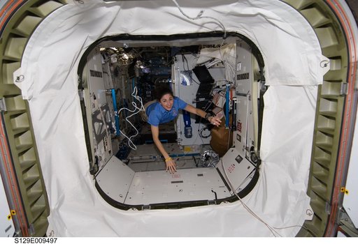 View Expedition 21 FE-2 Stott posing for a photo in the US Lab