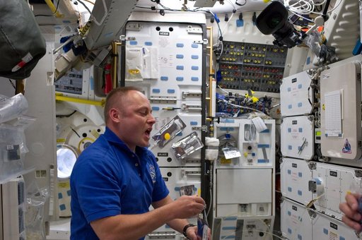 View of STS-134 MS Fincke on the Middeck