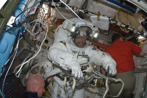 STS-134 MS Fincke in the Airlock at the end of EVA-3