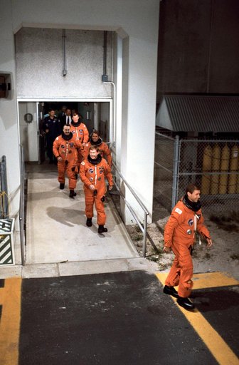 STS-28 Columbia, OV-102, crewmembers leave KSC O&C Bldg en route to LC Pad 39