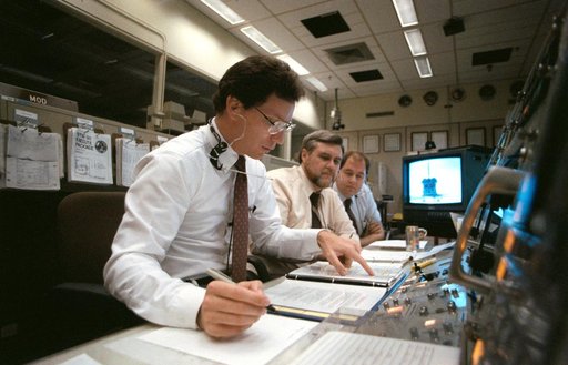 STS-30 JSC MCC flight control room (FCR) activity during OV-104 entry/landing